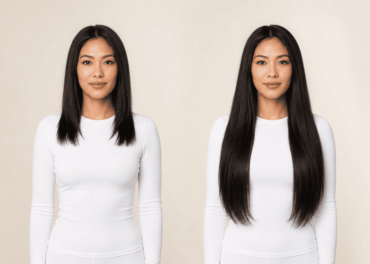 Before-and-after illustration of Butterfly Weft hair extensions on dark hair